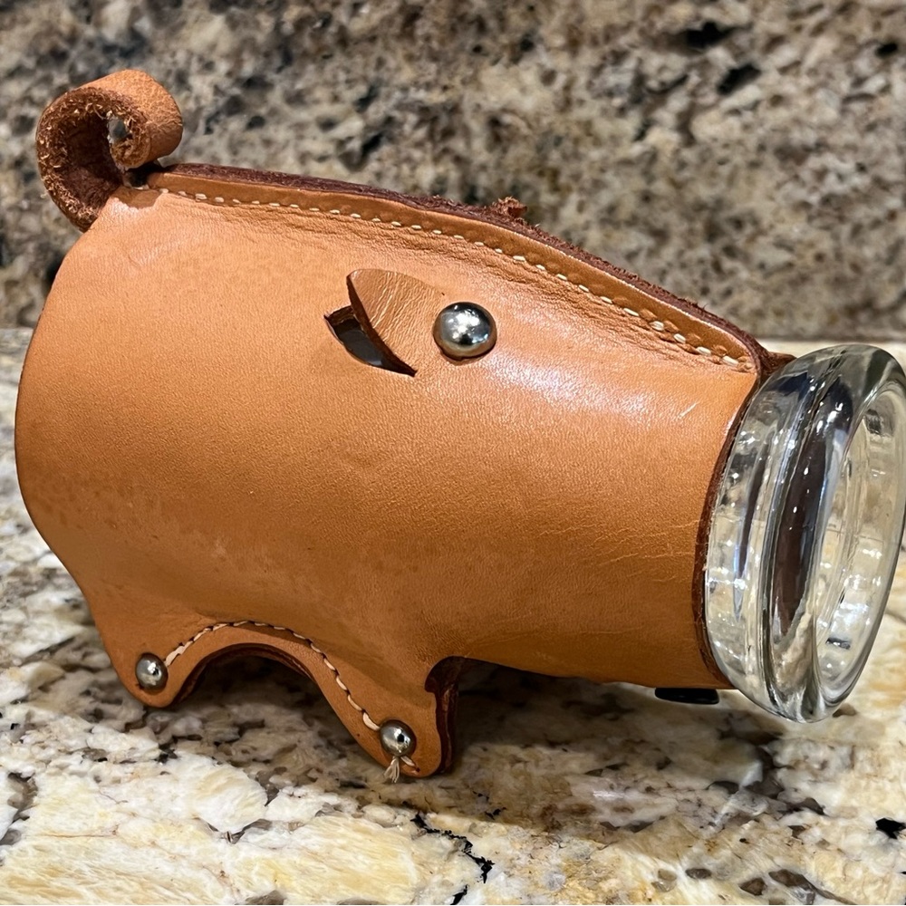 Vintage Glass Milk Bottle Wrapped In Removable Handmade Leather Wrapped Piggy